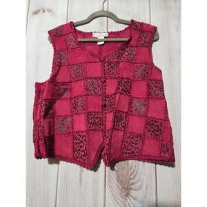 SMH‎ Vintage Pink Patchwork Leather Leopard Print Crochet Trim Vest XL